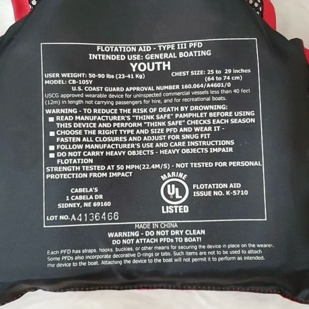 The Cabela's Youth Red General Boating Life Vest, fits 50-90 LBS